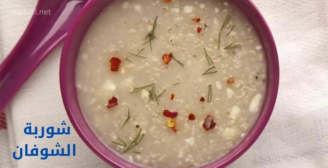 طبق موف اللون يحتوي على شوربة الشوفان Oat soup على خلفية بيضاء اللون