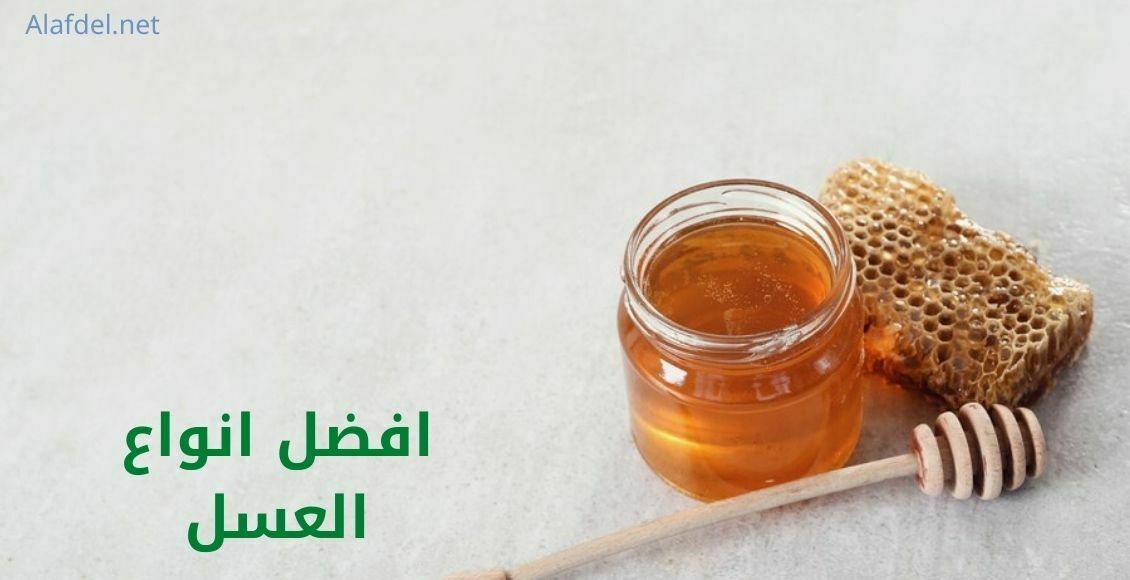 برطمان من عسل النحل بجواره ملعقة ومكتوب على الصورة افضل انواع العسل honey best kind