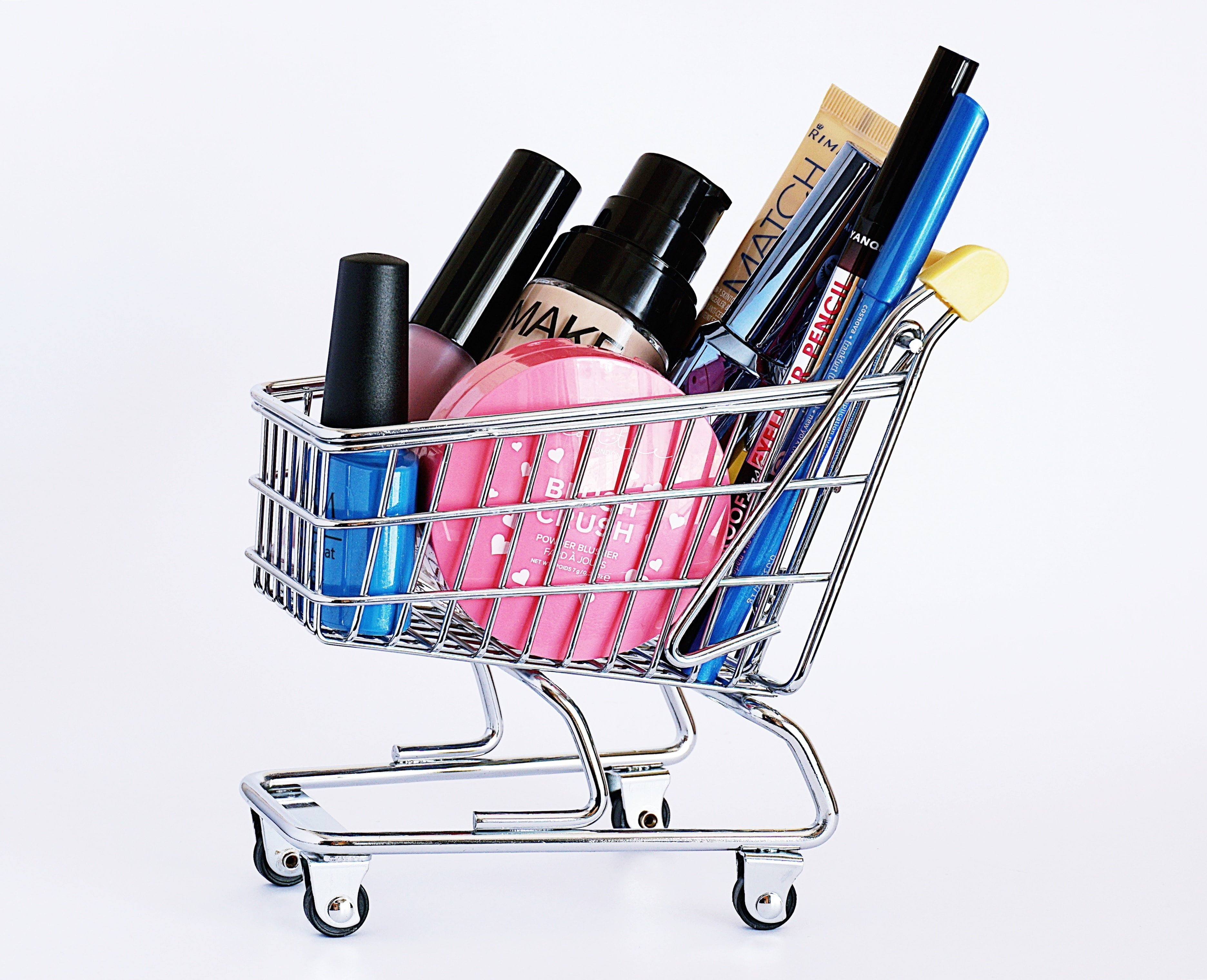 An image with a variety of products on a shopping cart within the 7ps of marketing mix