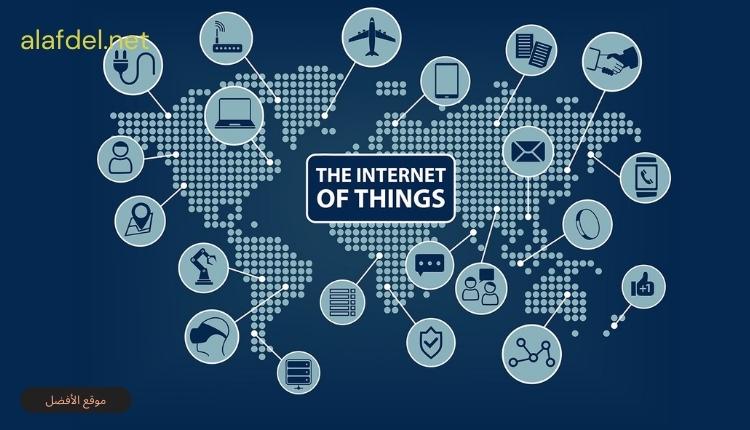 صورة مكتوب في منتصفها the Internet of Things مع رسومات مختلفة وخريطة العالم وذلك ضمن الحديث عن إيجابيات وسلبيات إنترنت الأشياء