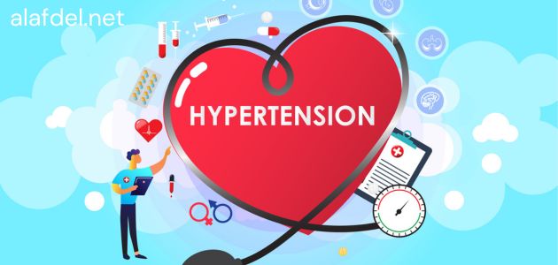 صورة بها قلب أحمر على شكل سماعة طبية به كلمة Hypertension ضمن الحديث عن سبب ارتفاع ضغط الدم