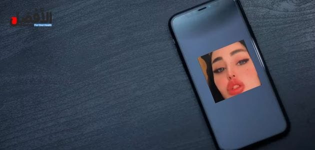 صورة بها يد تمسك هاتف عليه صورة الراقصة نور تفاحه ضمن الحديث عن سكس نور تفاحة